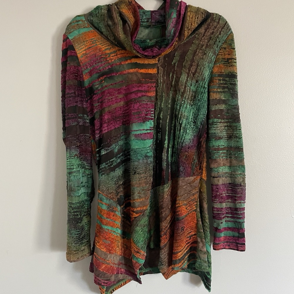 Radzoli Pullover Womens S Multicolor Cowl Neck Textured Velvet Burnout Boho Top